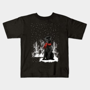 Christmas Giant Schnauzer With Scarf In Winter Forest Kids T-Shirt